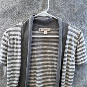 Decree Womens L Gray Striped Peplum Shrug Boho Layering Y2K Bolero Cardigan